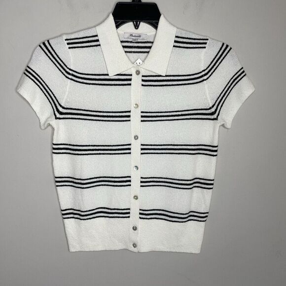 MADEWELL Sweater Women XS Polo Knit Tee NEW Ivory Stripe Short Sleeve NQ341 - Picture 1 of 14